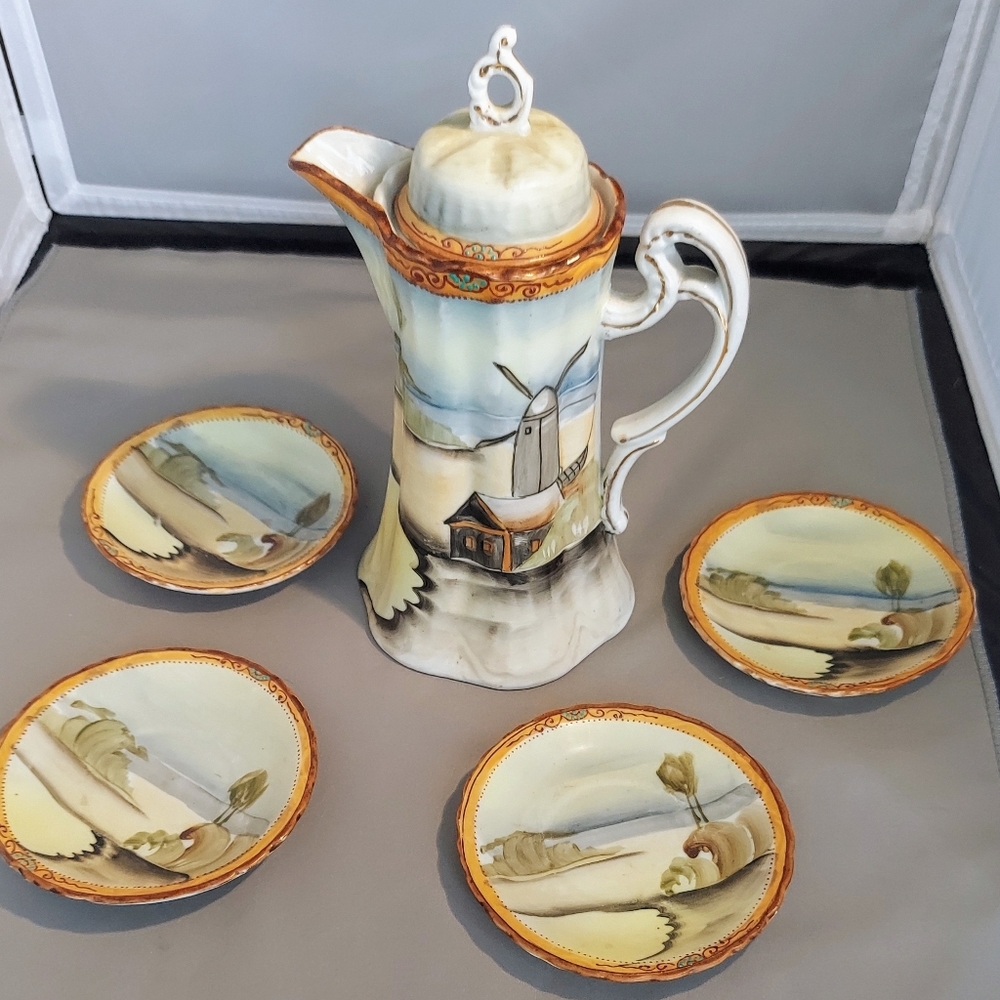 Vintage Japanese hand painted Chocolate pot and four dessert plates